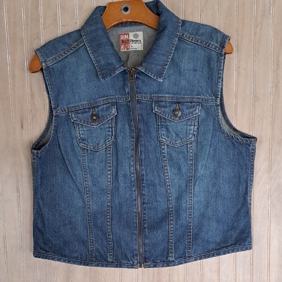 Ruff Hewn Classic Medium Blue Denim Full Zip Front Tailored Boho Jean Vest - Picture 1 of 9
